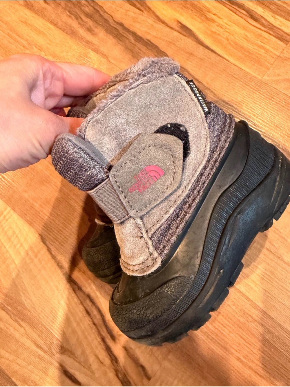 The North Face Kids Gray Suede and Black Rubber Winter Boot with Pink Logo
